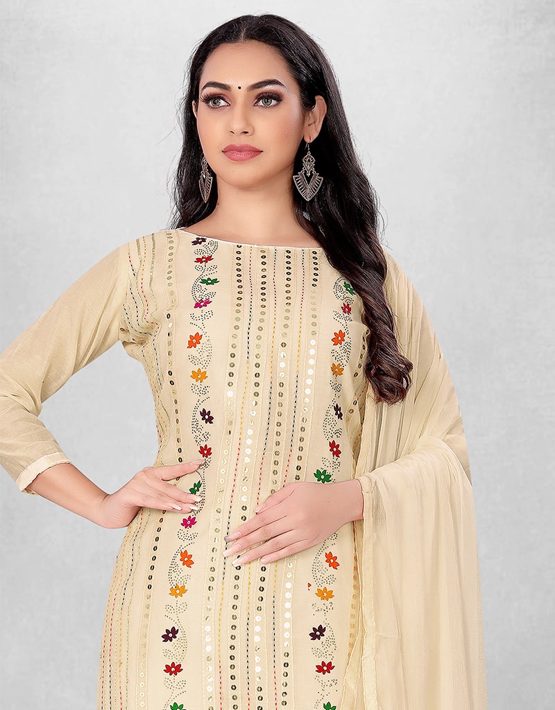 Elegant Beige Chanderi Chudidar Suit for Women - Traditional Indian Kurti Set with Churidar Pants - Perfect for Weddings, Festivals & Special Occasions