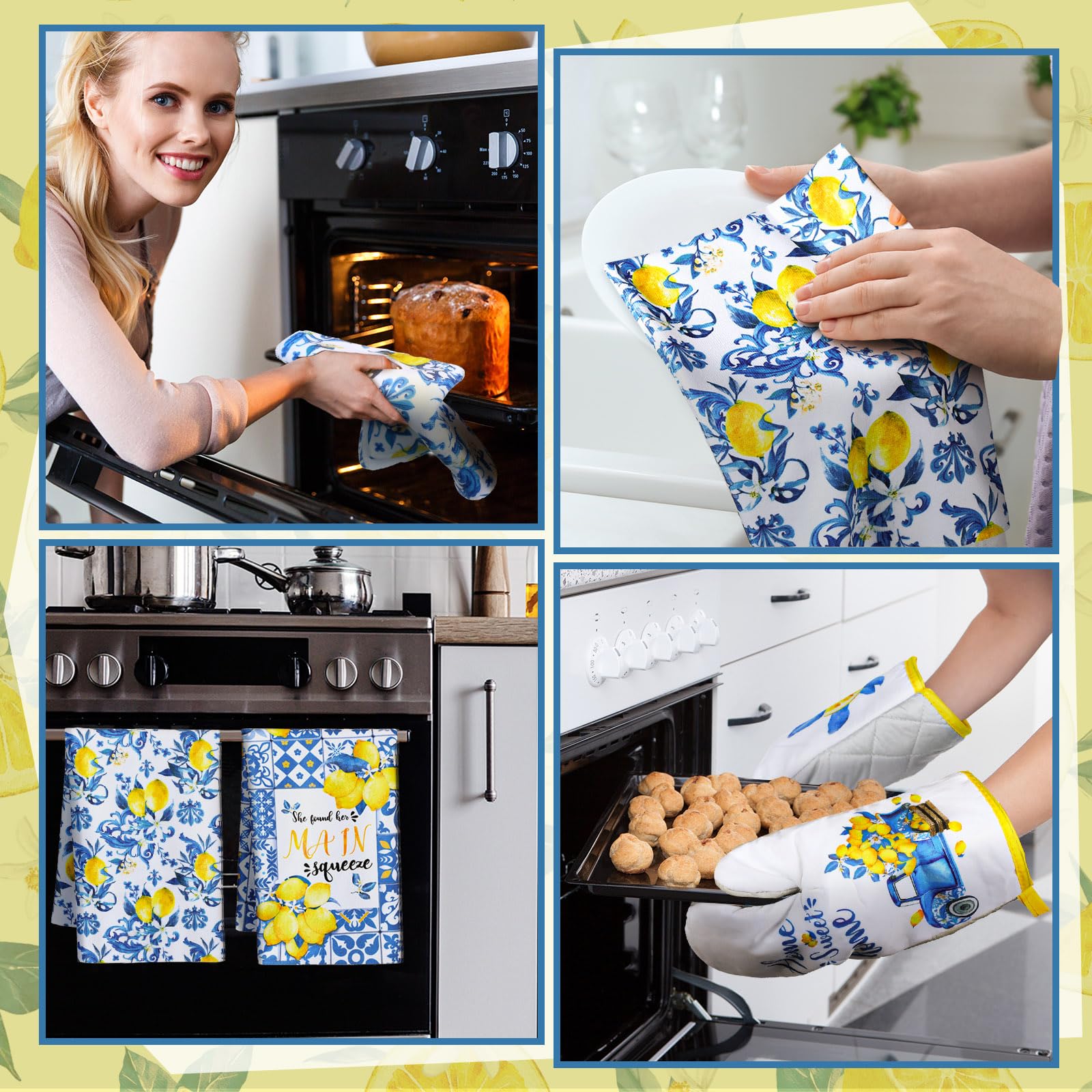 6-Piece Farmhouse Lemon Kitchen Towel Set with Oven Mitts & Pot Holders - Fresh Porcelain Lemon Design for Cooking, Baking, Grilling - Perfect for Summer Kitchen Decor & Hostess Gifts