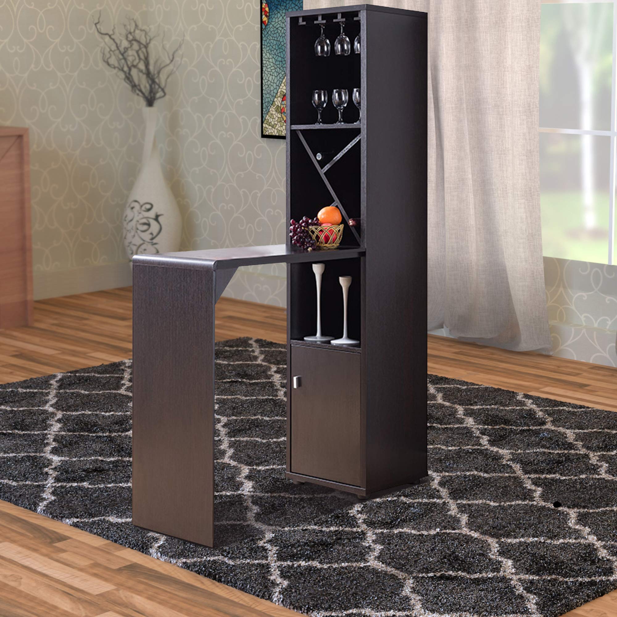 Benjara Solid Wood Wine Cabinet with Spacious Storage & Bar Table - Rustic Brown Finish | Perfect for Dining Room, Bar Corner & Home Entertaining