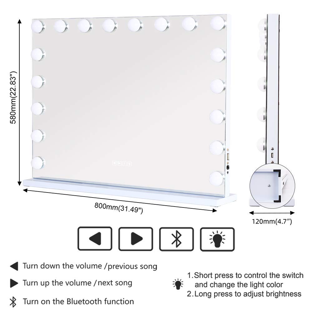Extra Large Hollywood Vanity Mirror with Bluetooth Speaker, 18 Dimming LED Lights, Touch Screen & USB Charging Port – Perfect for Makeup, Skincare, and Dressing Table