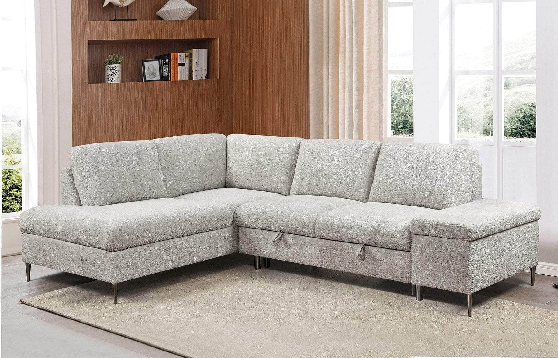 Summit Park Boucle Sleeper Sectional Sofa with Left Facing Chaise & Storage Bench - Beige Modern Fabric Sofa Bed for Small Spaces | Living Room, Guest Room & Apartment Furniture