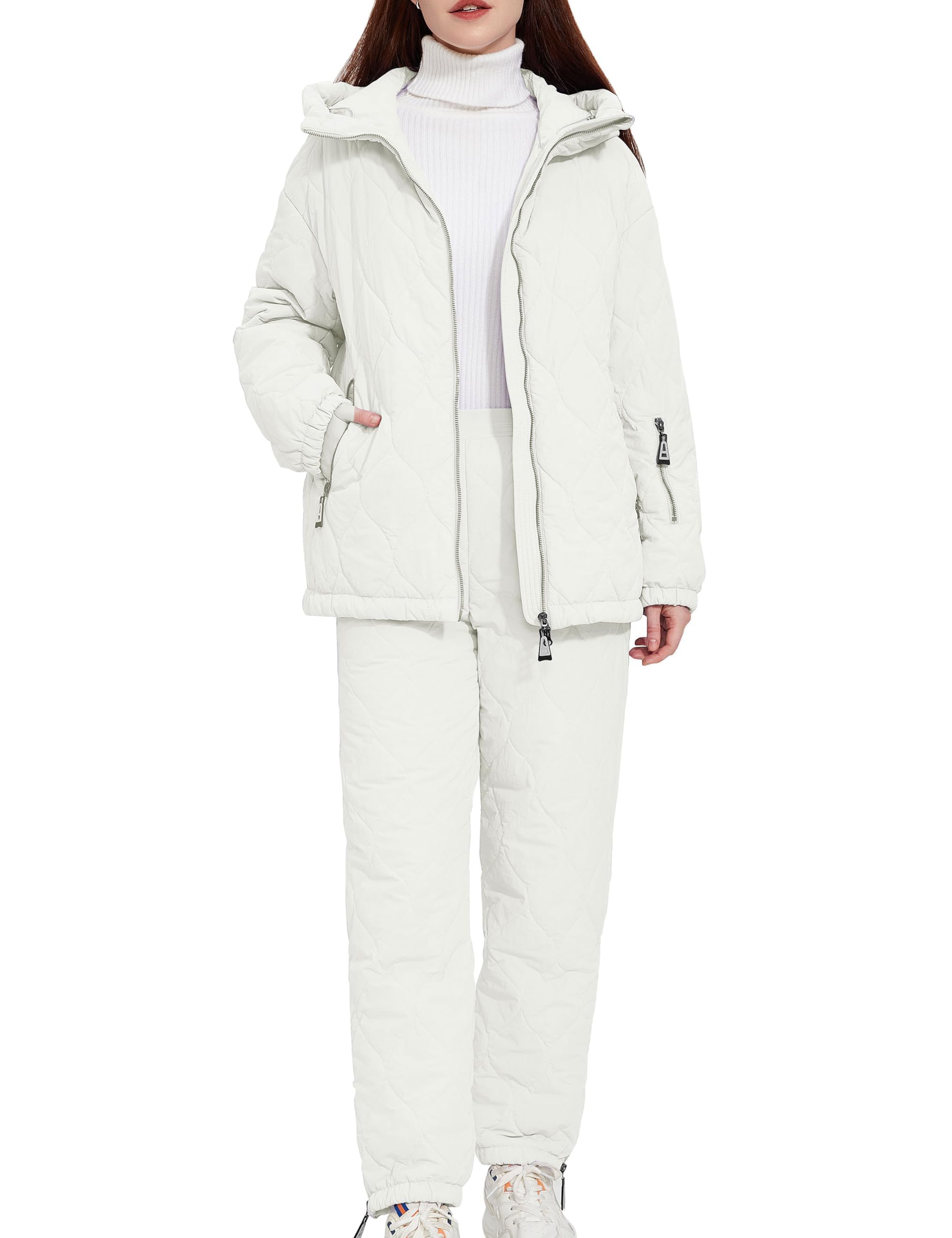 Women's 2-Piece Snow Suit Set - Waterproof Quilted Ski Jacket & Padded Jogger Pants with Hood for Winter Skiing, Snowboarding & Outdoor Activities | Warm Thermal Puffer Coat Outfit for Cold Weather Adventures