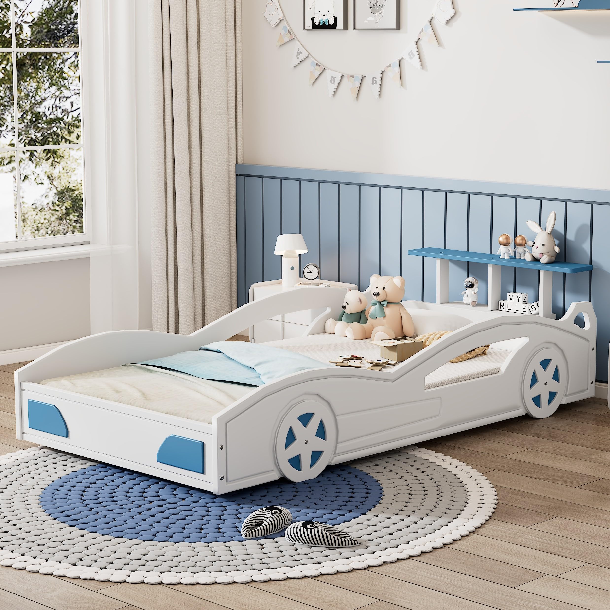 MERITLINE Twin Size Kids Floor Bed - Wooden Car-Shaped Platform Bed with Wheels & Storage Rack | Race Car Bed Frame with Slat Support for Boys & Girls (White & Blue) | Perfect for Small Bedrooms, Playrooms & Themed Kids' Rooms