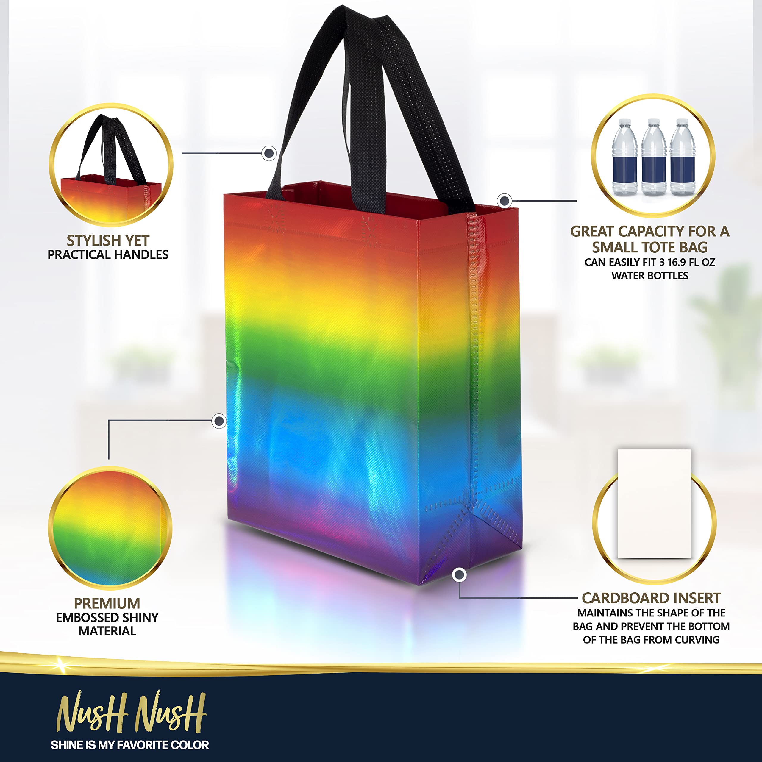 Nush Nush Holographic Rainbow Gift Bags - Set of 12 Reusable Party Favor Bags with Handles (8x4x10 Inches) - Perfect for Birthday Parties, Baby Showers, Wedding Favors & Holiday Gift Giving