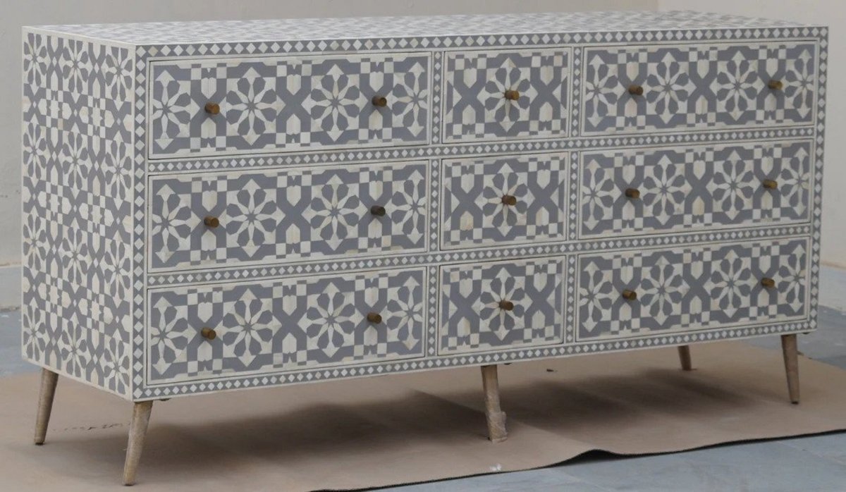 Handmade Gray Bone Inlay Moroccan 9-Drawer Chest | Custom Storage Cabinet for Bedroom, Living Room & Entryway Organization