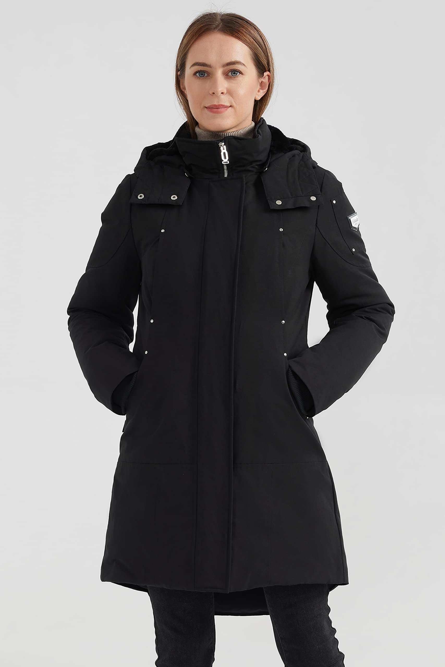 Orolay Women's Mid-Length Down Coat - Hooded Winter Parka with Stand Collar | Warm Puffer Jacket for Cold Weather, Outdoor Activities & Daily Commute