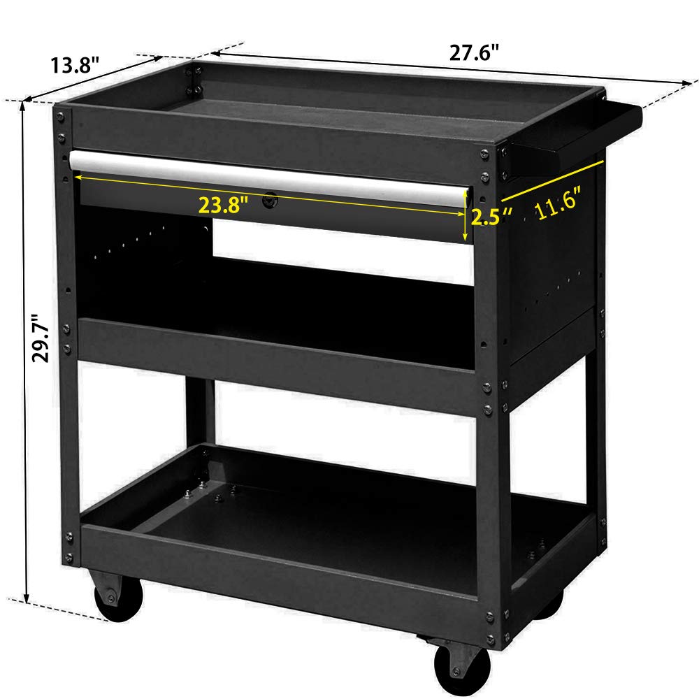 3-Tier Heavy Duty Black Oversized Tool Cart with Drawer - Rolling Storage Organizer Trolley with Wheels & Deep Shelves - Metal Locking Utility Cart for Warehouse, Garage, Office & Cleaning Supplies (Dark Black) - Perfect for Mechanics, DIY Projects & Workshop Organization