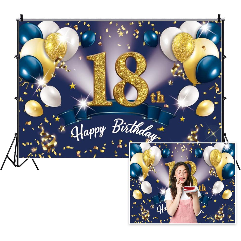 Yeele 5x3ft 18th Birthday Photography Backdrop - Gold & Dark Blue Balloon Vinyl Background for Girls & Boys Birthday Party Decor, Cake Table Banner, Photo Booth Props | Perfect for Studio Shoots, Sweet 16 Celebrations & Milestone Birthday Photos