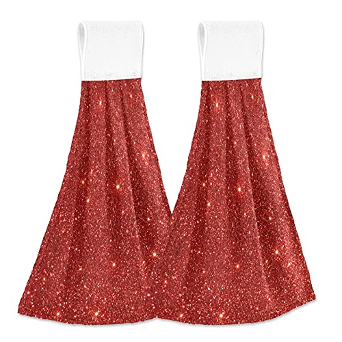 Red Glitter Christmas Kitchen Towels - 2PCS Absorbent Shiny Bathroom Hand Towels with Hanging Loop, Soft Dish Cloths for Oven, Stove Handle & Tabletop - Perfect for Holiday Decor, Dish Drying & Festive Home Decorating