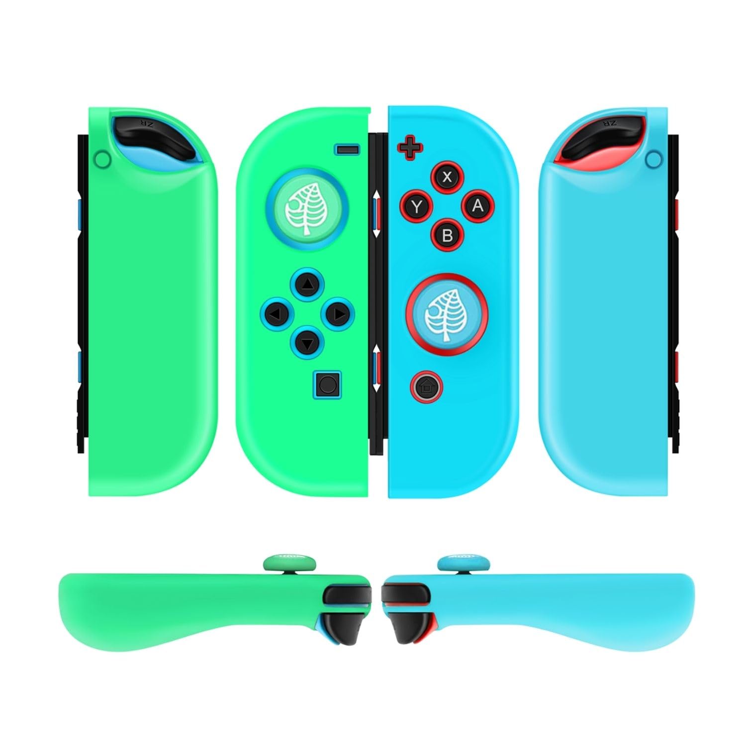 Premium Silicone Joycon Case for Nintendo Switch & Switch OLED - Protective Controller Cover with Thumb Grip Caps (Blue Green Leaf) - Durable Gaming Accessory for Enhanced Comfort & Protection During Play