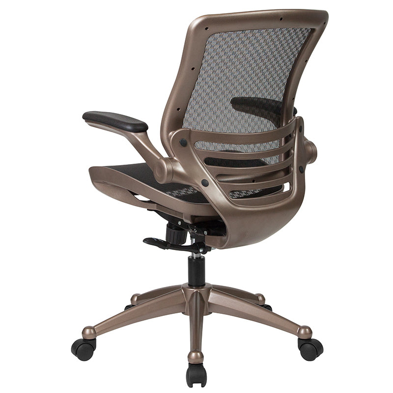 FLASH Warfield Mid Back Mesh Office Chair - Ergonomic Executive Swivel Chair with Transparent Black Mesh, Melrose Gold Frame & Flip-Up Arms - Perfect for Home Office, Conference Rooms & Workspaces