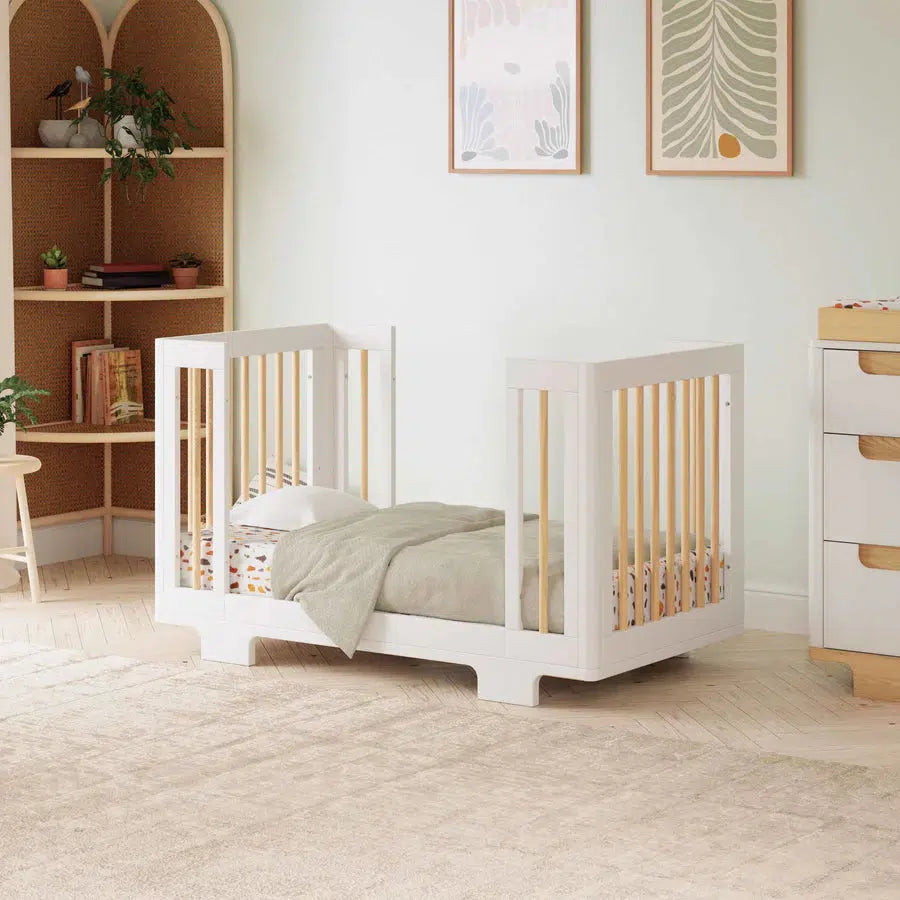 Babyletto Yuzu 8-in-1 Convertible Crib - White & Natural Wood | Nursery Furniture for Newborn to Toddler | Modern Baby Bed for Small Spaces & Gender-Neutral Nursery Decor