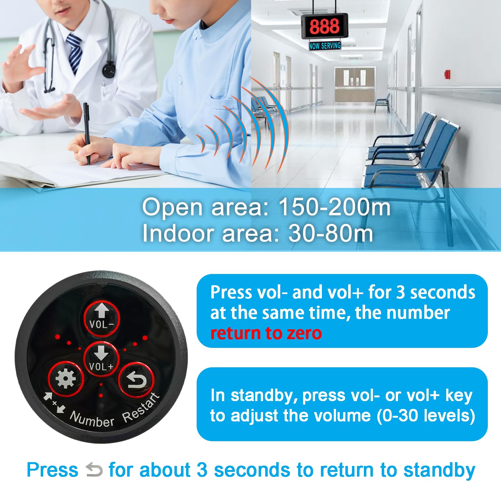 Restaurant Pager System - 3-Digit Display Queue Management with Loud Speaker & Caller Screen - Efficient Waiting Number Calling for Restaurants, Cafes & Clinics (Next-Black) - Perfect for Host Stands, Takeout Counters & Customer Flow Management