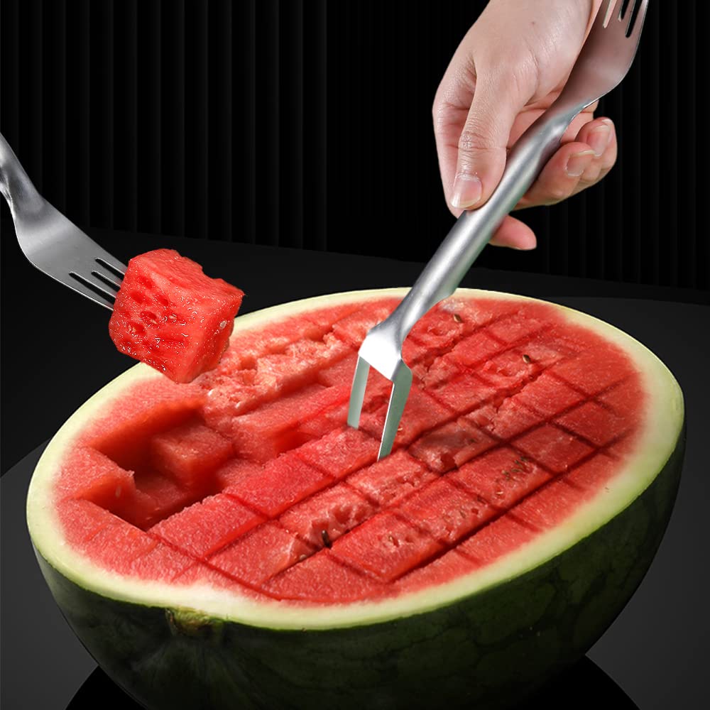 2-in-1 Watermelon Fork Slicer - Stainless Steel Dual Head Fruit & Vegetable Cutter Tool for Watermelons, Melons, Pineapples - Perfect for Family BBQs, Picnics, Camping & Outdoor Parties (2-Pack)