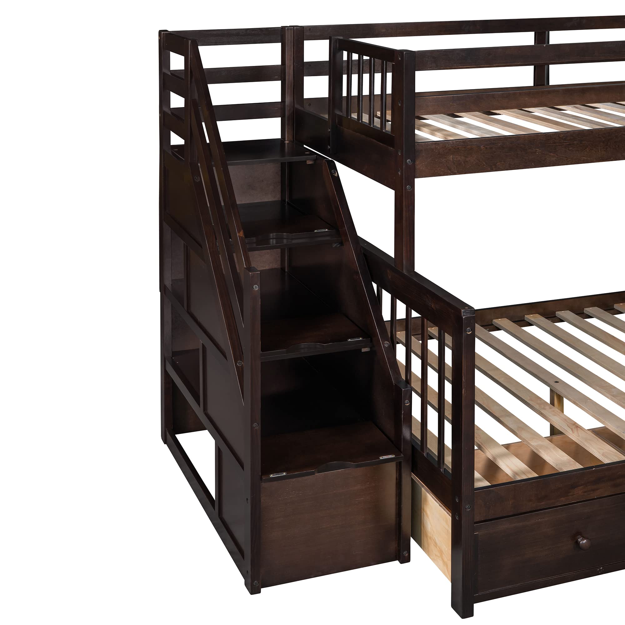 **Citylight Twin Over Full L-Shaped Triple Bunk Bed for Kids - Wooden Corner Bunk Bed with 3 Storage Drawers, Twin Loft Bed, Stairs & Ladder - Space-Saving Bunk Beds for Boys, Girls & Teens in Espresso - Perfect for Small Bedrooms, Shared Kids' Rooms & Vacation Homes**