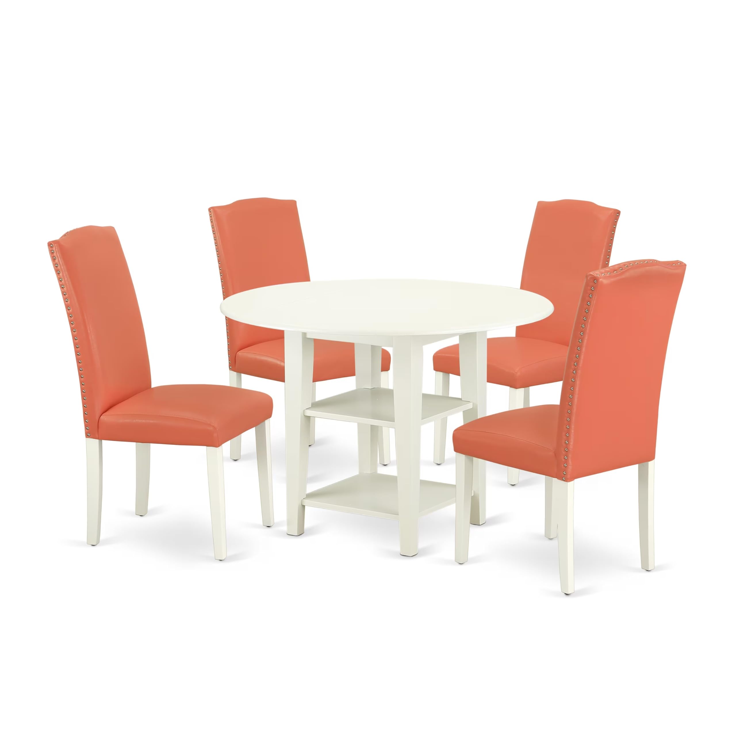 East West Furniture 5-Piece Kitchen Table Set with Round Drop-Leaf Dining Table & 4 Pink Flamingo Faux Leather Chairs, 42x42 Inch, Linen White – Perfect for Small Spaces, Breakfast Nooks & Cozy Dining Rooms