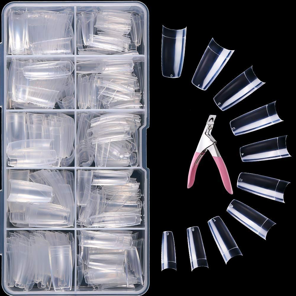 Belicia 100 Pcs Acrylic Clear Full Cover Fake Nail Tips with Nail Cutter - 10 Sizes Artificial False Nails for Manicure, Salon & DIY Nail Art at Home