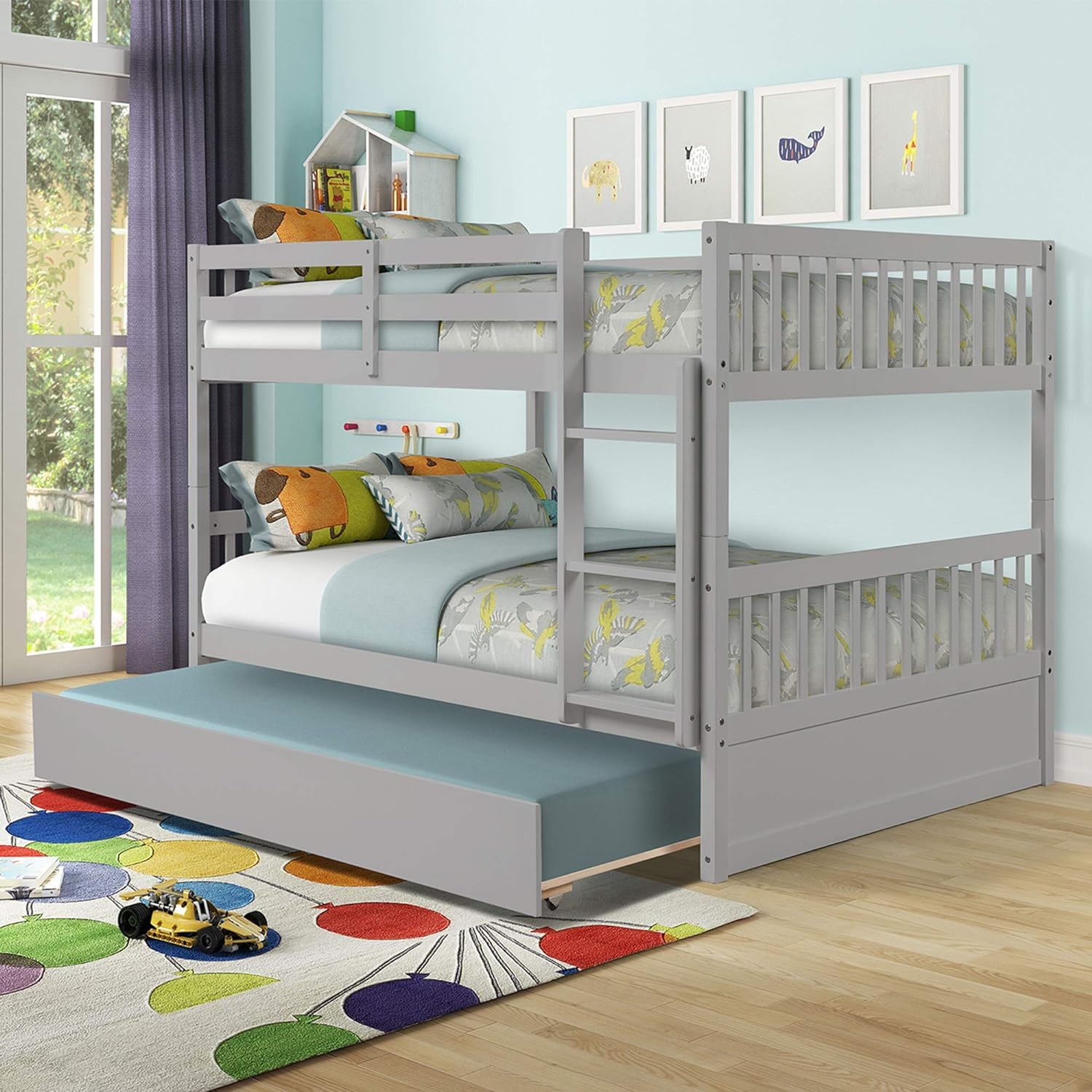 Full Over Full Bunk Bed with Trundle - Converts to 2 Full Size Platform Beds - Sturdy Ladder & Safety Rails for Teens & Adults - Modern Grey Finish - Perfect for Small Spaces, Guest Rooms & Dormitories