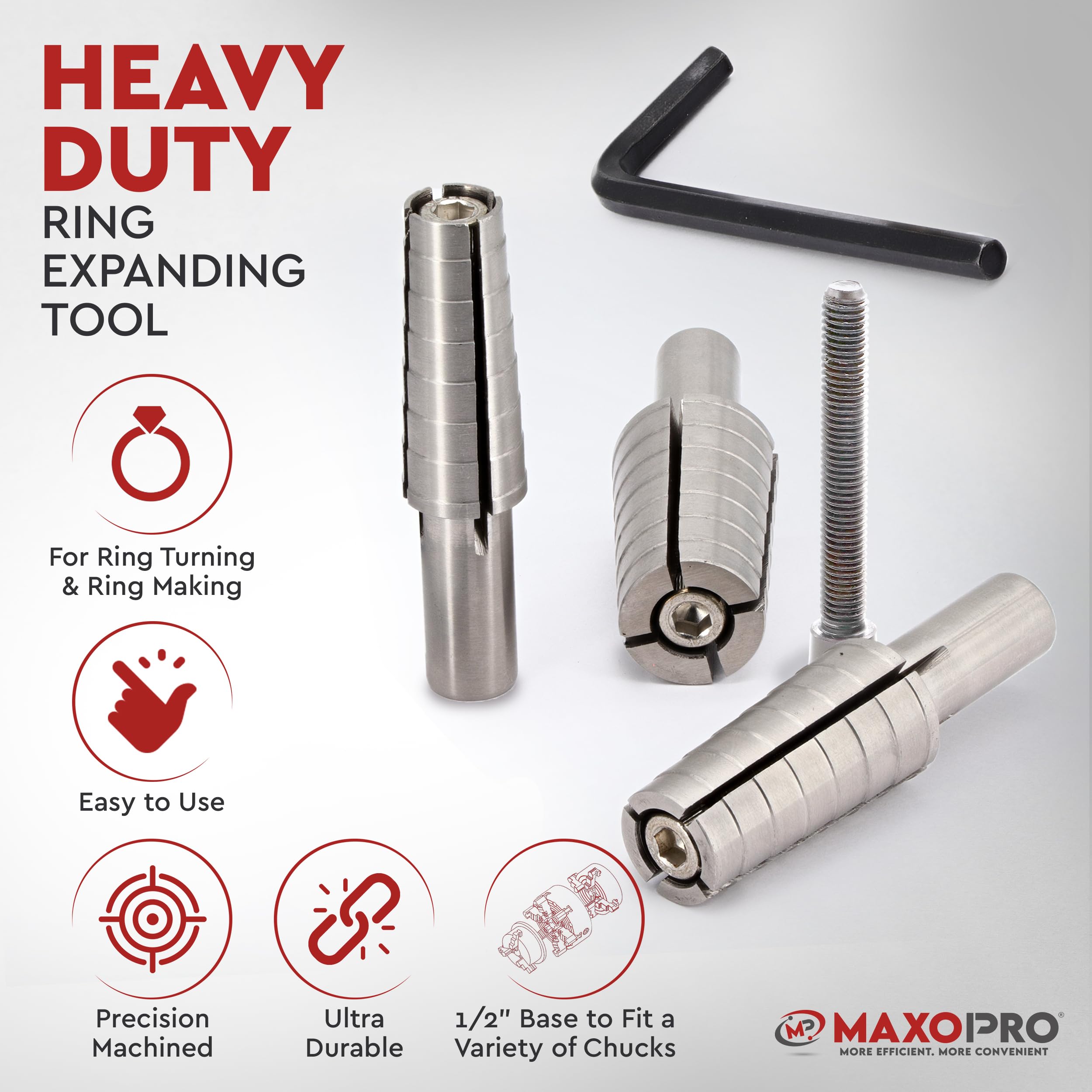 Premium Stainless Steel Expanding Ring Mandrel Set of 3 with Hex Allen Key - Heavy Duty Ring Shaper Tool for Jewelry Making (Sizes 4-14) - Perfect for Ring Turning, Metal Forming & DIY Jewelry Crafting - by MaxoPro