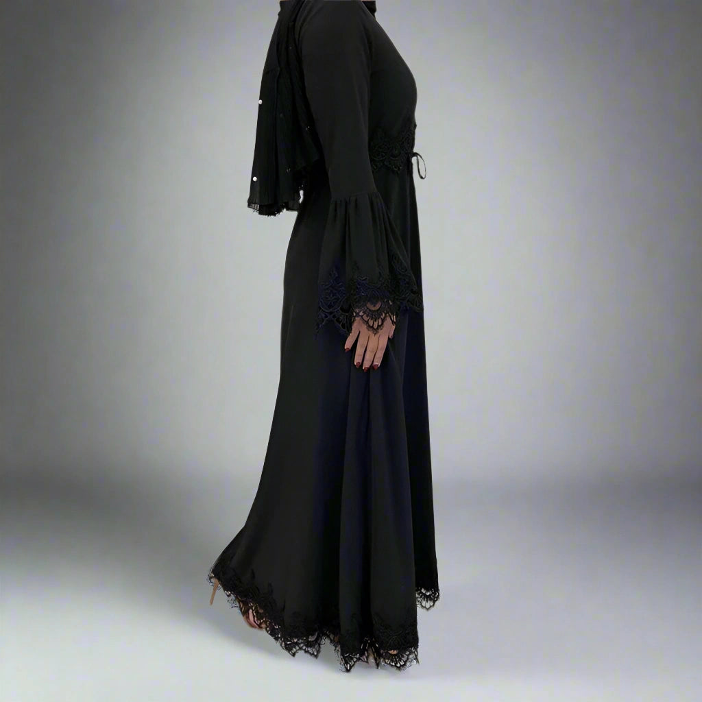 Elegant Black Lace Abaya Dress for Muslim Women - Modest Islamic Prayer Dress for Mosque, Wedding & Special Occasions