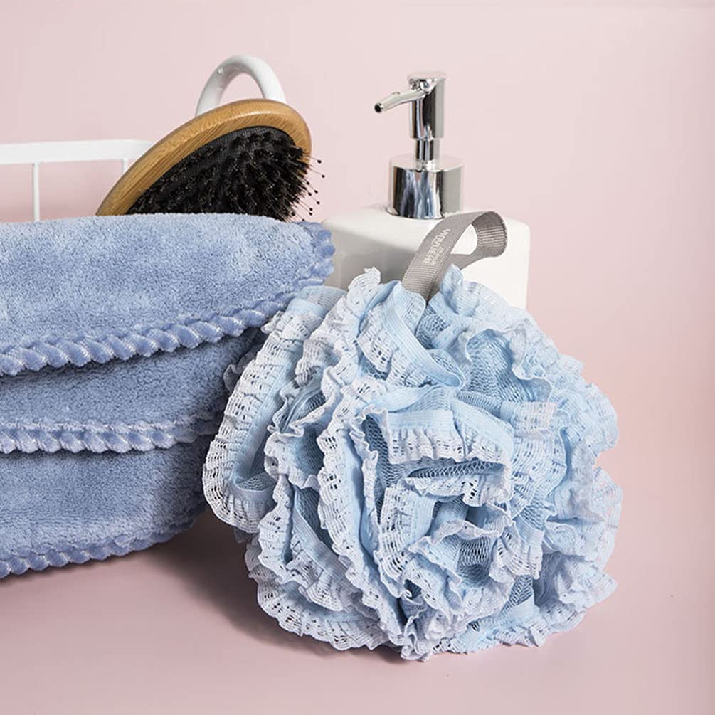 SOLUSTRE 3-Pack Soft Mesh Bath Sponges - Exfoliating Shower Pouf with Lace Design, Gentle Body Scrubber for Adults & Baby, Perfect for Daily Cleansing & Skin Care Routine (Blue/White/Pink) - Ideal for Sensitive Skin, Spa Days & Family Bath Time