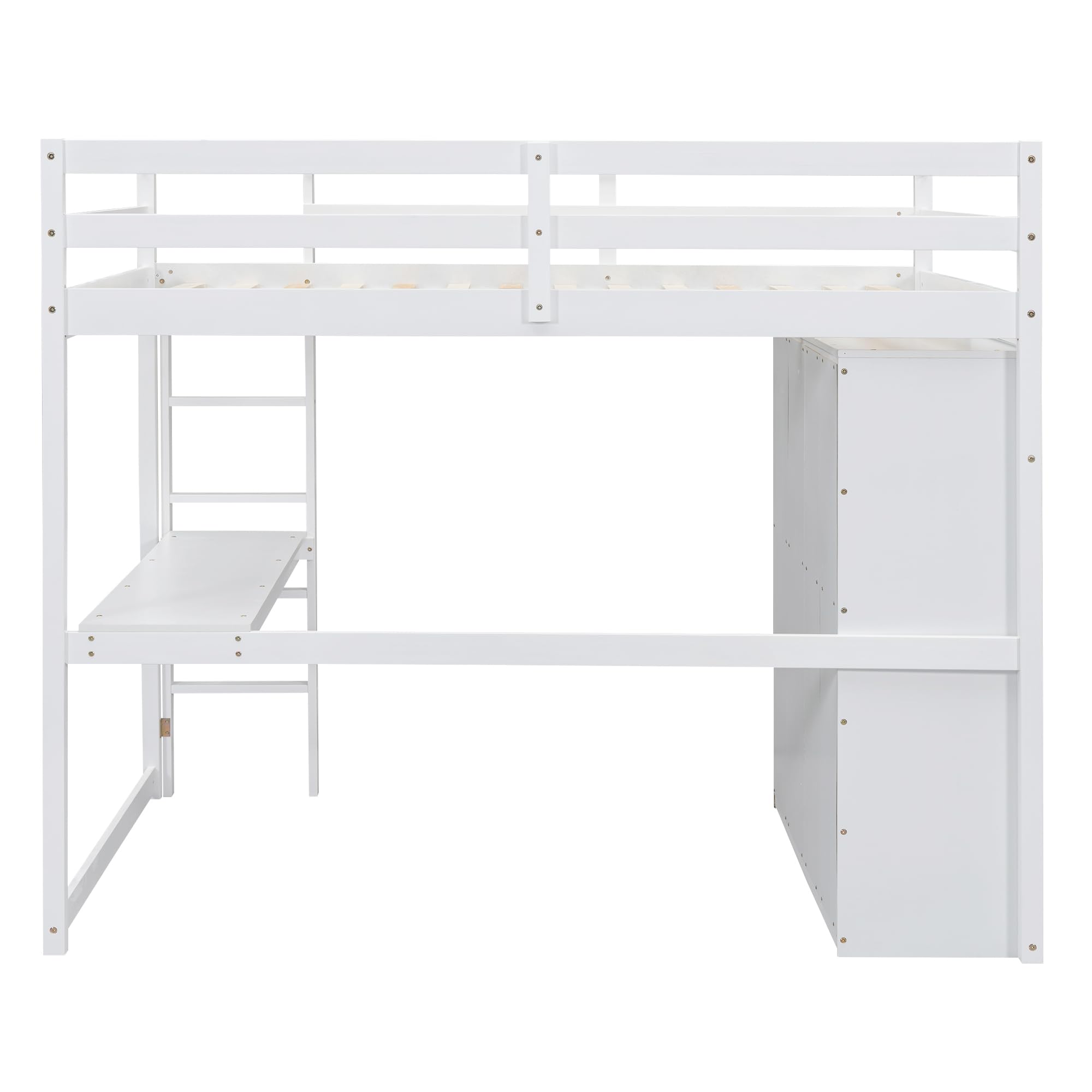 Full Size Wooden Loft Bed with Desk, Built-in Wardrobe & Storage Drawers - Space Saving Kids/Teens Bedroom Furniture with Shelves (White) - Perfect for Small Rooms, Dormitories & Studio Apartments