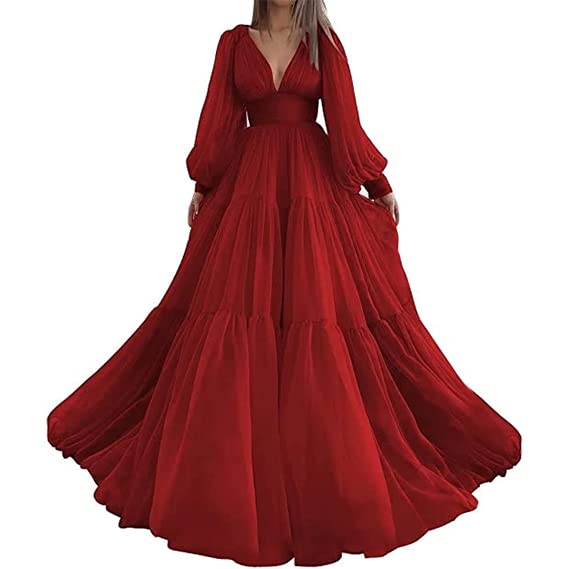 Elegant Long Puffy Sleeve Prom Dress with Tulle Ball Gown - V Neck Formal Evening Gown for Women | Perfect for Weddings, Galas, and Special Occasions