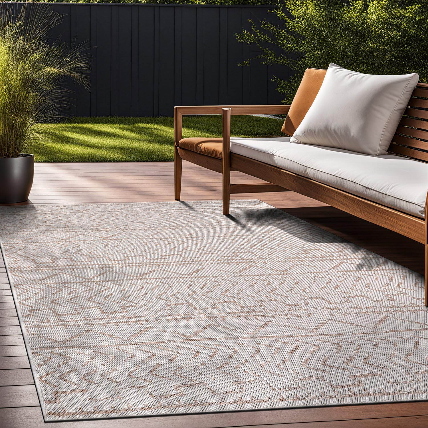 Beverly Rug Waikiki 6x9 Indoor Outdoor Washable Carpet - Water Resistant Beige & White Area Rug for Patio, Deck, Porch, Trellis | Perfect for Backyard, Poolside, and Sunroom Decor
