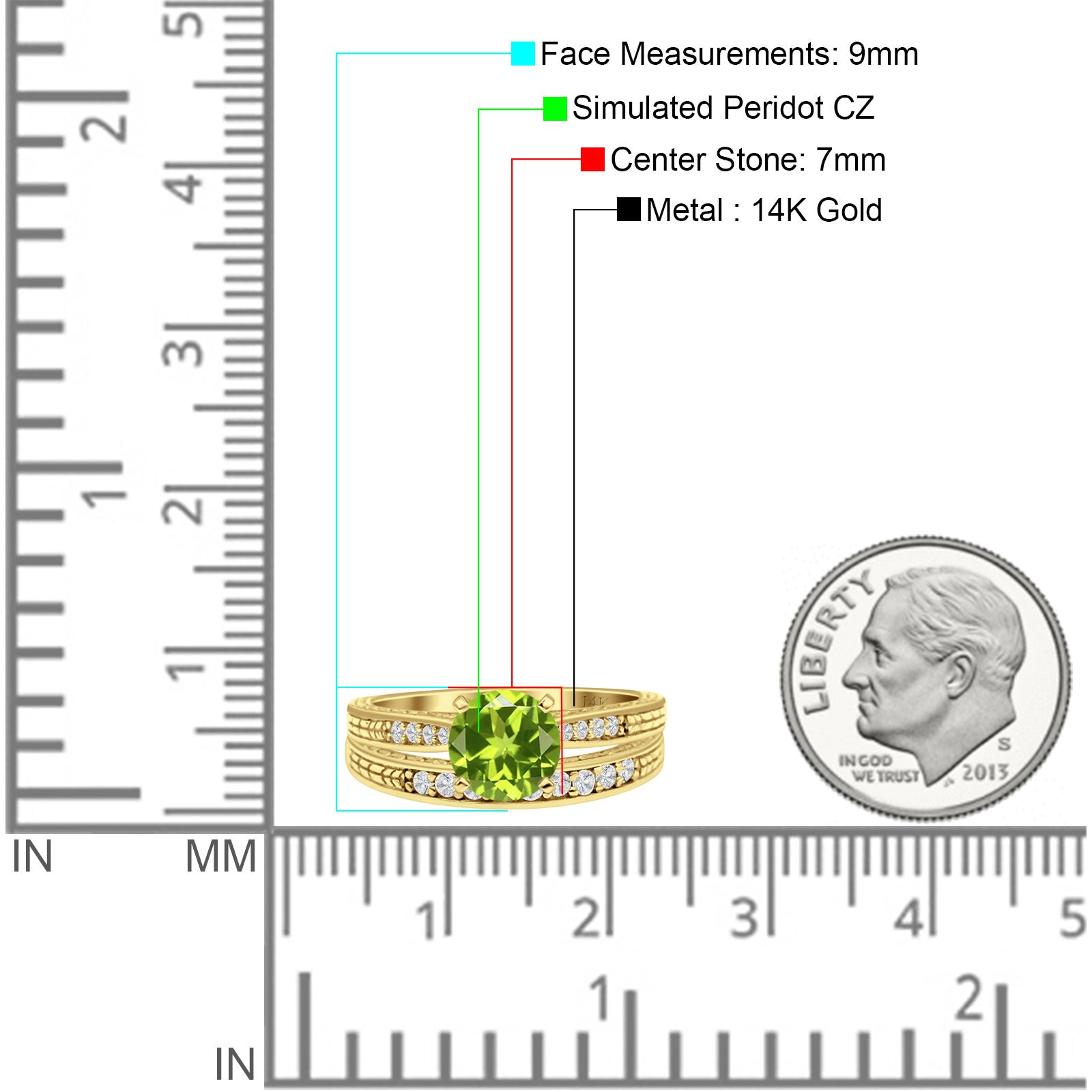 14K Yellow Gold Round Two Piece Peridot & CZ Bridal Wedding Ring Set for Engagement, Anniversary, or Gift - Elegant Jewelry for Special Occasions