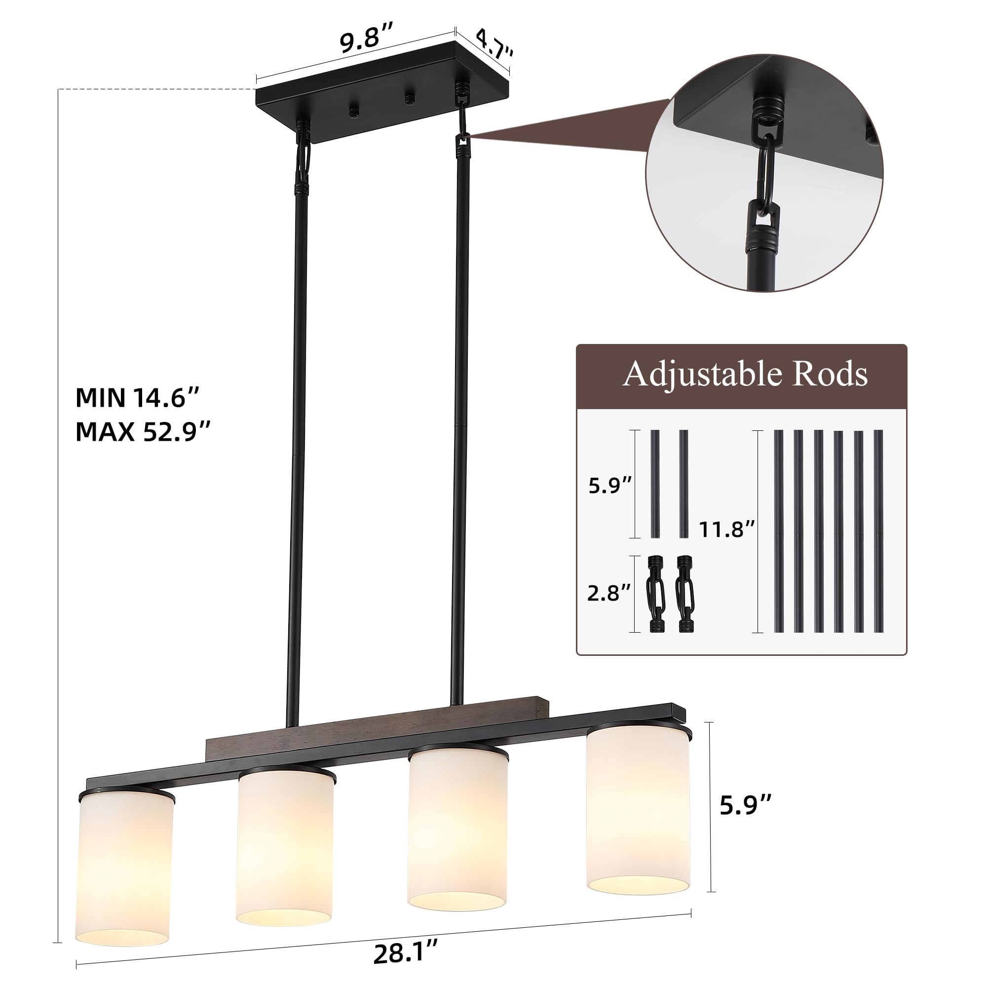 Farmhouse Black Pendant Lights with Milk Glass Shade - 4 Light Linear Chandelier for Dining Room & Kitchen Island - Rustic Wood Accent Lighting Perfect for Farmhouse, Industrial & Modern Decor