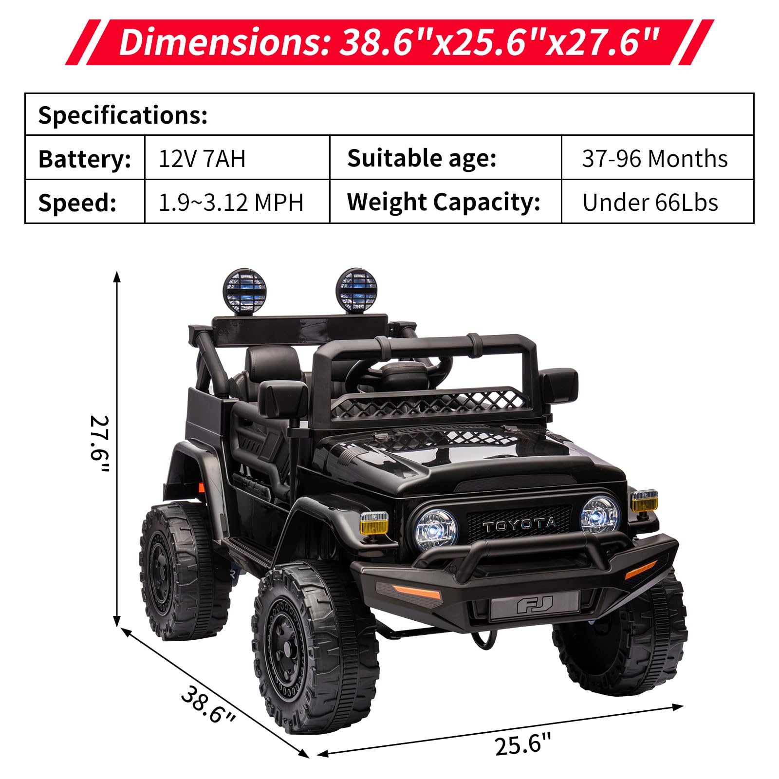 12V Licensed Toyota Ride-On Truck for Kids - Battery-Powered Electric Car with Remote Control, Music, LED Lights & Suspension System - Double Doors & Safety Belt - Perfect for Indoor & Outdoor Play, Birthday Gifts & Family Fun (Black)