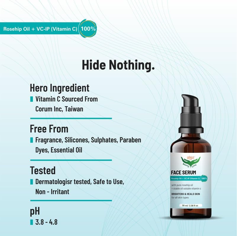 Organic Rosehip Oil with 3% Vitamin C Face Serum - Brightens, Heals & Hydrates Skin for All Skin Types | 30ml | Anti-Aging, Dark Spot Treatment & Glowing Skin Care | Perfect for Night Routine & Daily Moisturizing