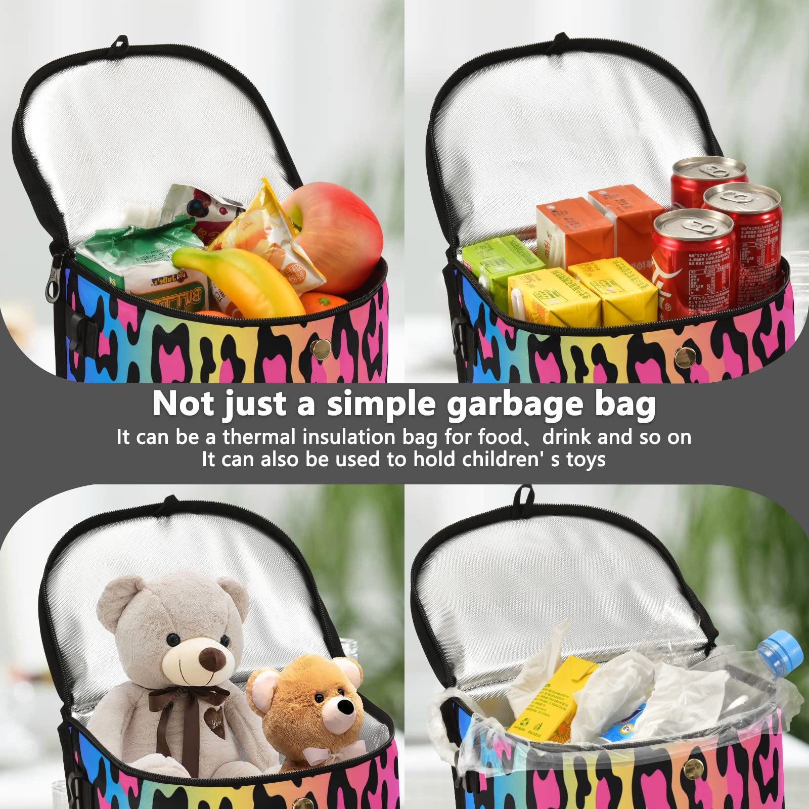 Leak Proof Car Trash Can with Aluminum Liner - Waterproof Hanging Car Garbage Bin, Multi-Purpose Vehicle Organizer Storage Bag for Waste Disposal - Perfect for Road Trips, Commuting & Family Travel (Rainbow Leopard Pattern)
