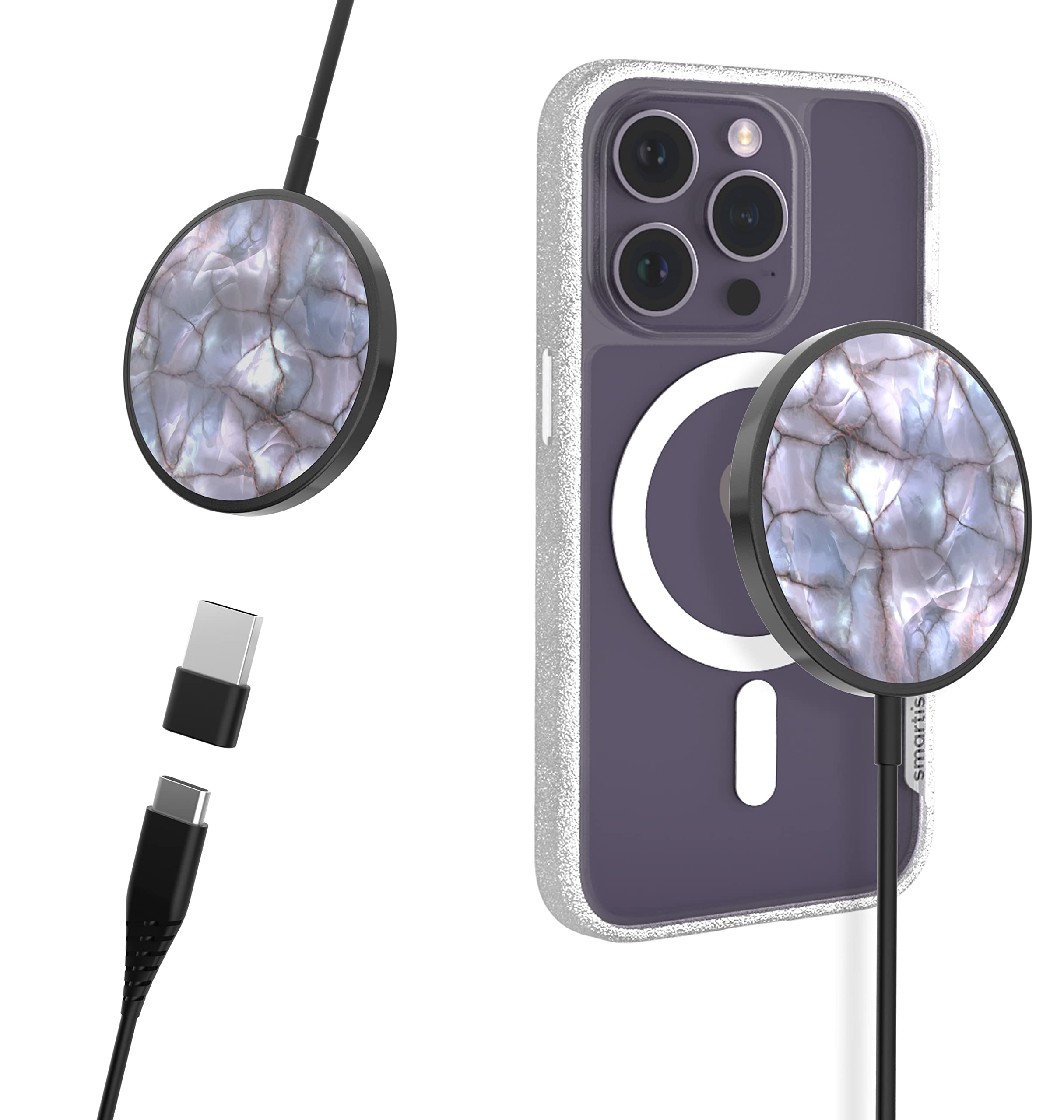 Smartish Magnetic Wireless Charger for iPhone 14/13/12 Series & AirPods 3 - 7.5W Fast Charging | Magsafe Compatible | USB-C & USB-A Cable Included | Works with Stands & Mounts | Perfect for Home, Office & Car Use