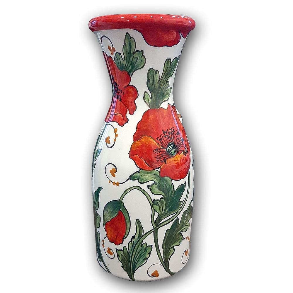Italian Ceramic Wine Jug with Poppies - 33 oz Hand-Painted Kitchen Carafe & Utensil Holder - Tuscan Pottery Vase for Wine & Home Decor - Made in Italy - Perfect for Rustic Kitchens, Wine Serving & Farmhouse Decor