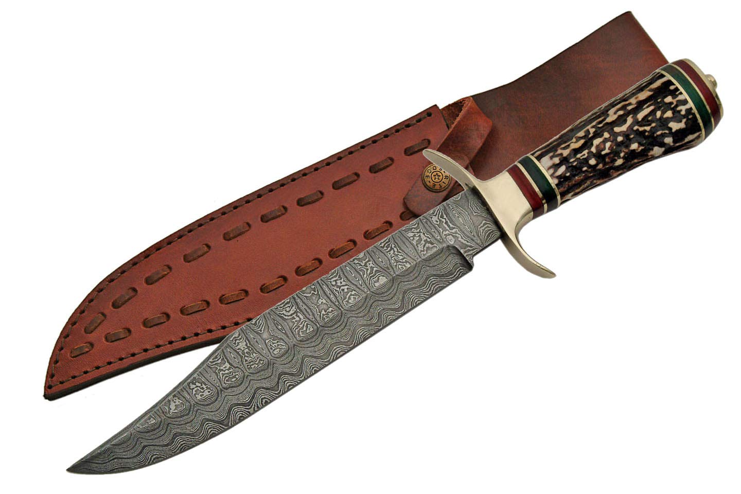 SZCO Supplies Damascus Steel Bowie Hunting Knife - High Carbon Steel Blade with Wood Handle for Outdoor Survival, Camping & Bushcraft