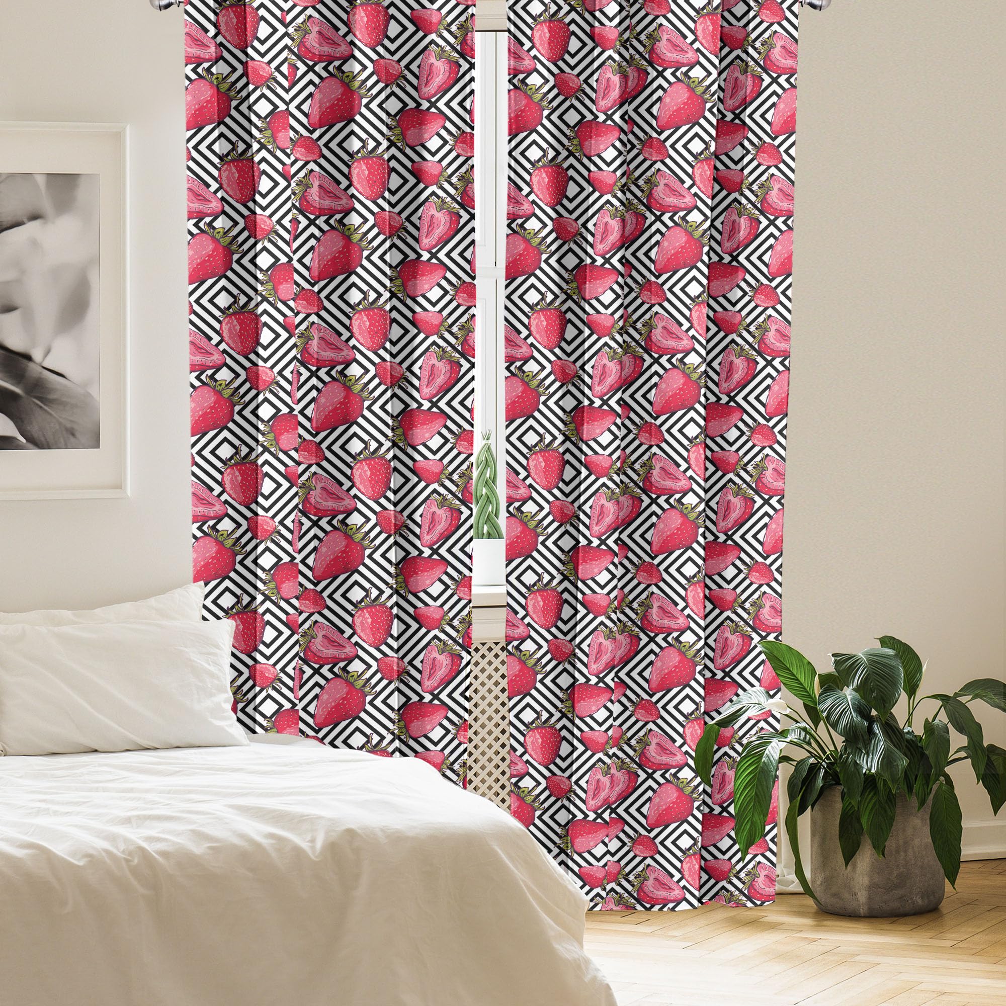 Ambesonne Fruit Print Curtains - Black & White Chevron Striped Strawberry Design, 28x95 Inch 2 Panel Set for Living Room & Bedroom | Juicy Feminine Decor | Perfect for Kitchen, Dining Room or Farmhouse Style Windows
