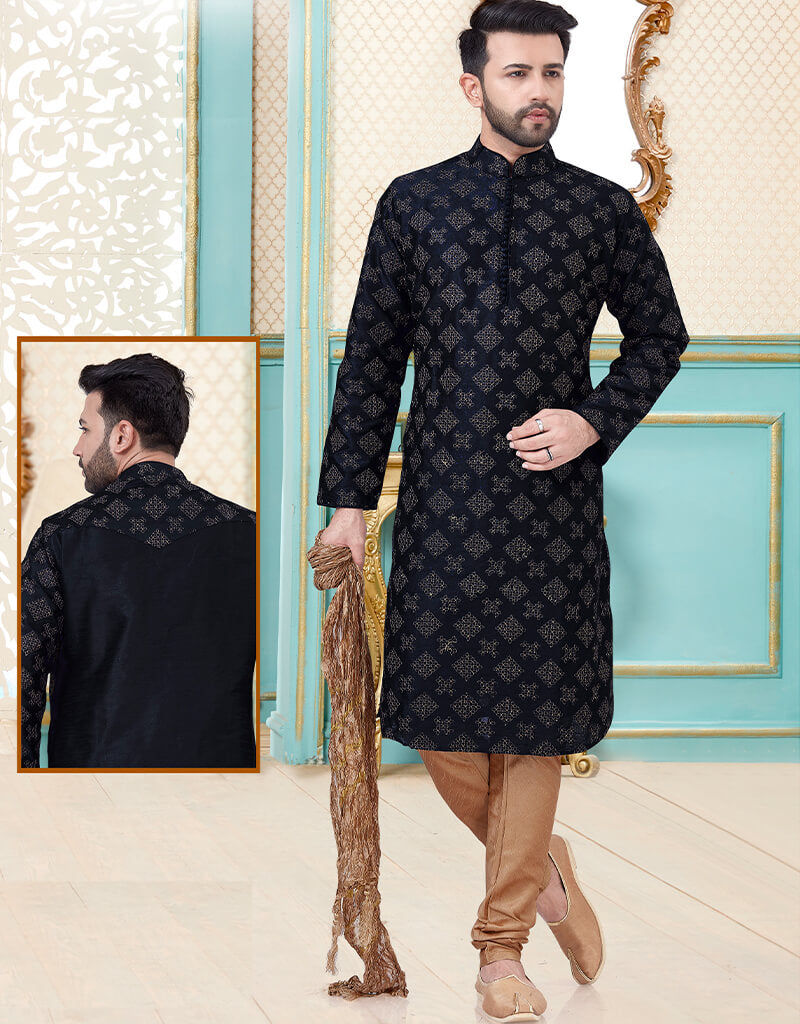 Black Kurta Dupion Silk with Embroidery Work Payjama - Elegant Indian Traditional Outfit for Men, Wedding & Festival Wear