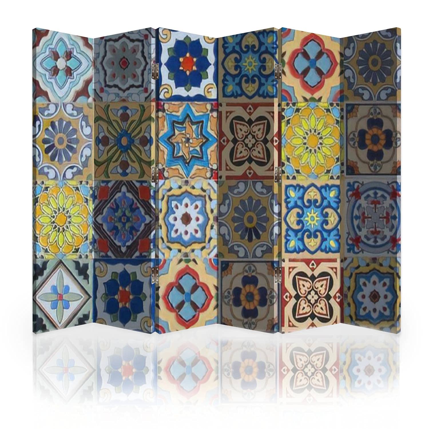 6-Panel Canvas Room Divider with Portuguese Ceramic Tile Patterns - Folding Privacy Screen for Bedroom, Office & Living Room Space Separation
