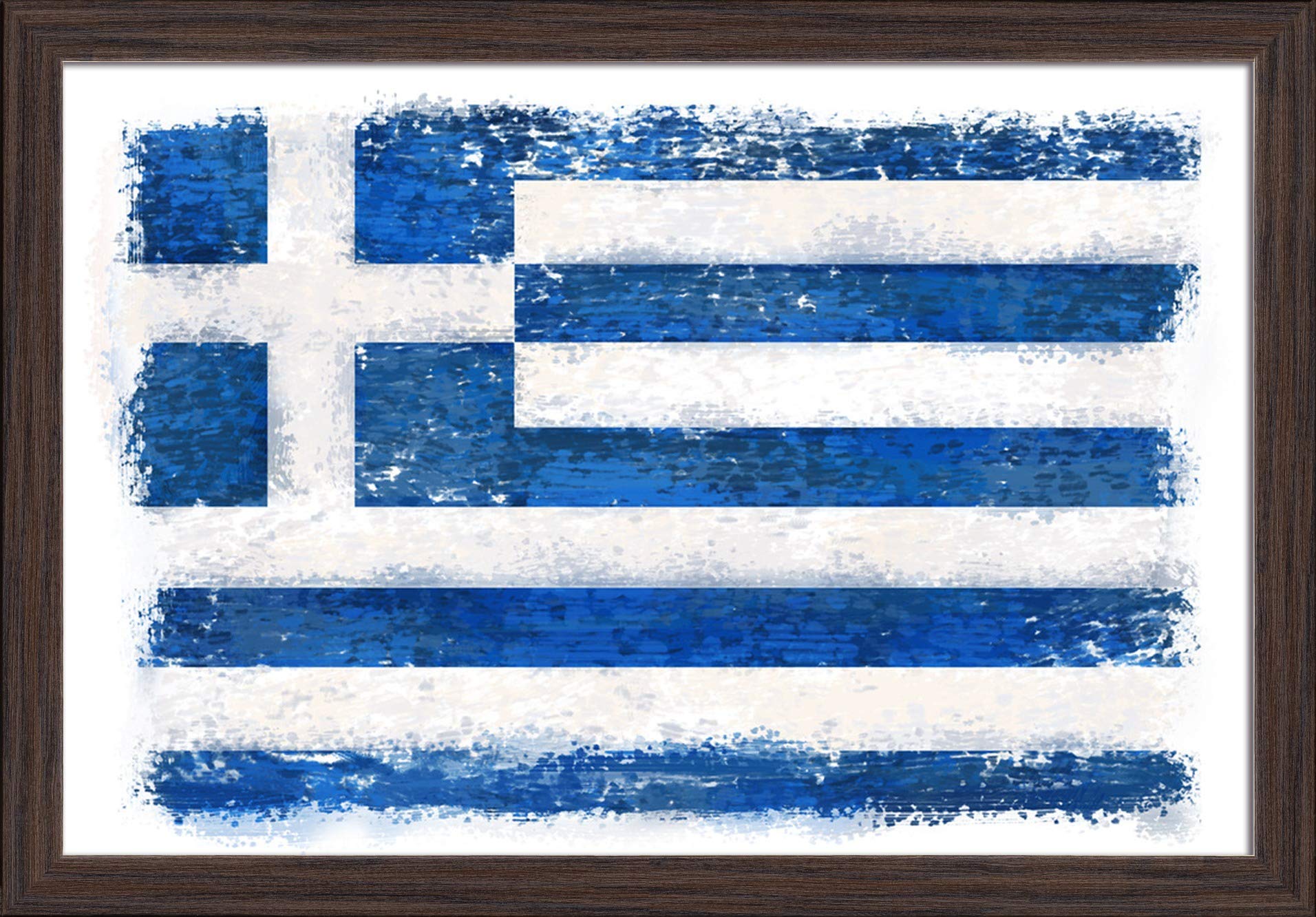 Greece Watercolor Flag Art Print - 16x24 Giclee Fine Art on Recycled Wood Frame in Espresso Brown - Perfect for Home Decor, Office Wall Art & Greek-Themed Gifts