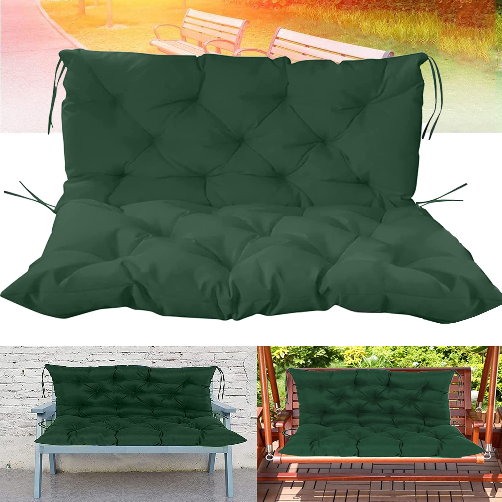 2 Seater Outdoor Glider Cushions Replacement - Waterproof Thick Bench Cushion for Porch Swing with Backrest Ties - 40x40 Inch Dark Green Patio Garden Furniture Cushions - Perfect for Relaxing on Your Deck, Backyard or Sunroom