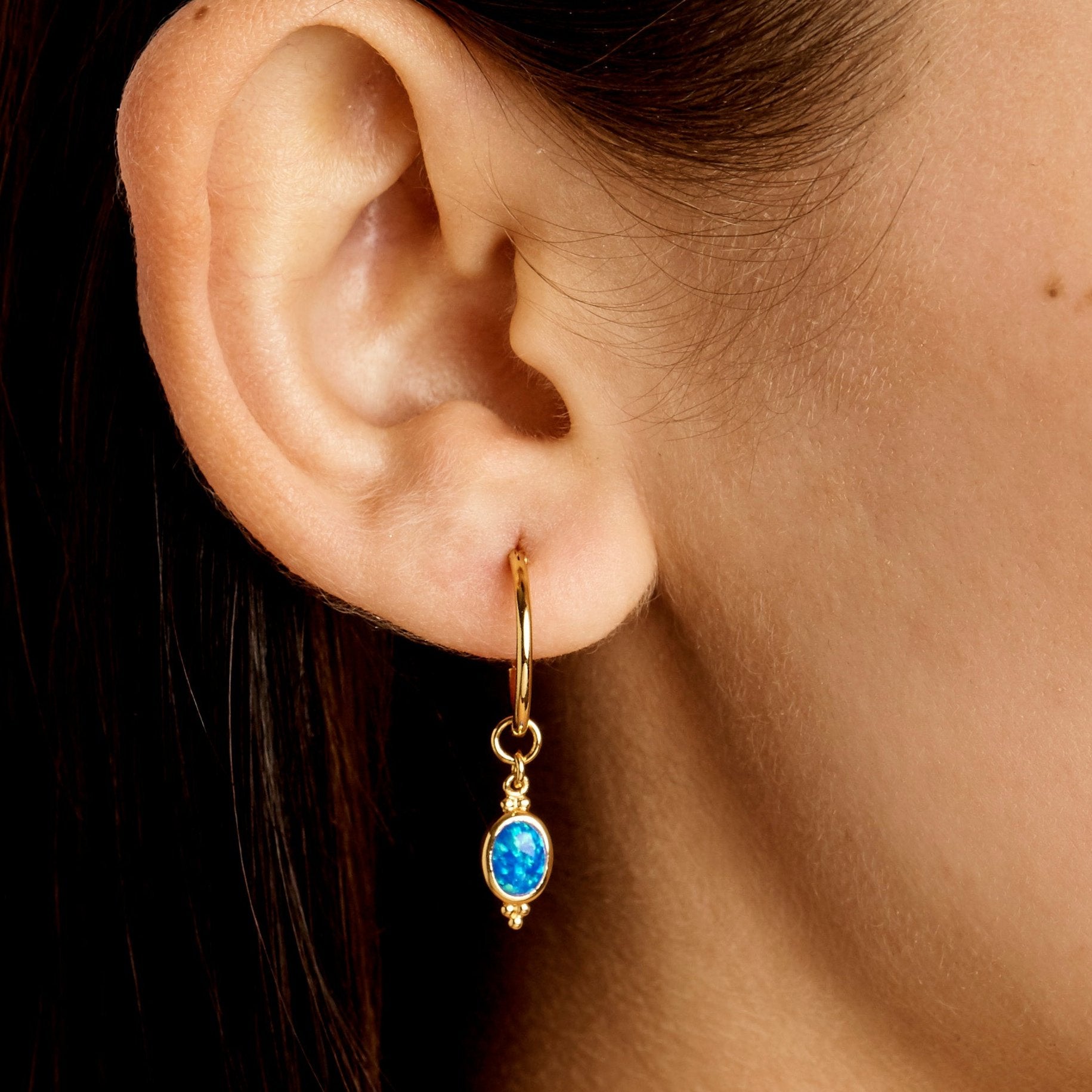Moon Song Blue Opal Gold Sleepers - Elegant Gold-Plated Opal Earrings for Women, Perfect for Sleep, Everyday Wear & Special Occasions