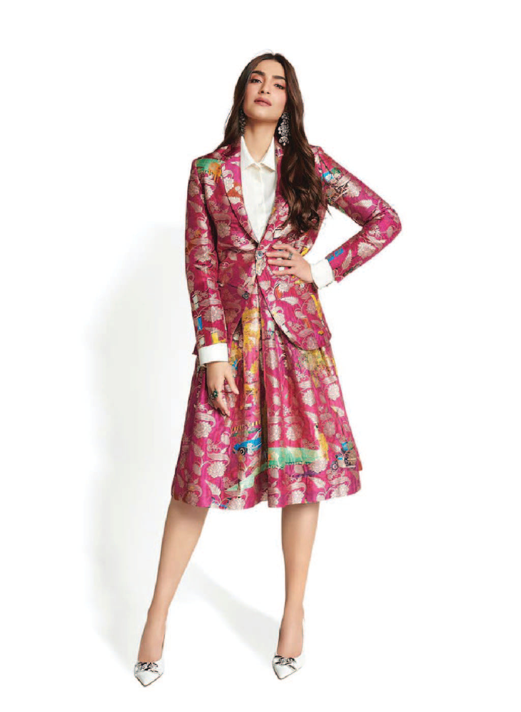 Elegant Fuchsia Silk Brocade Box Pleat Midi Skirt for Women | Vintage Floral Pattern Formal Dress | Perfect for Office Wear, Cocktail Parties & Special Occasions