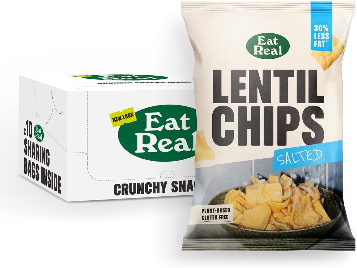Eat Real Lentil Chips 10 Pack (95g Each) – Vegan, Gluten Free, Low Fat Healthy Snacks | Crunchy Plant-Based Protein Chips for Parties, Picnics & On-the-Go Snacking