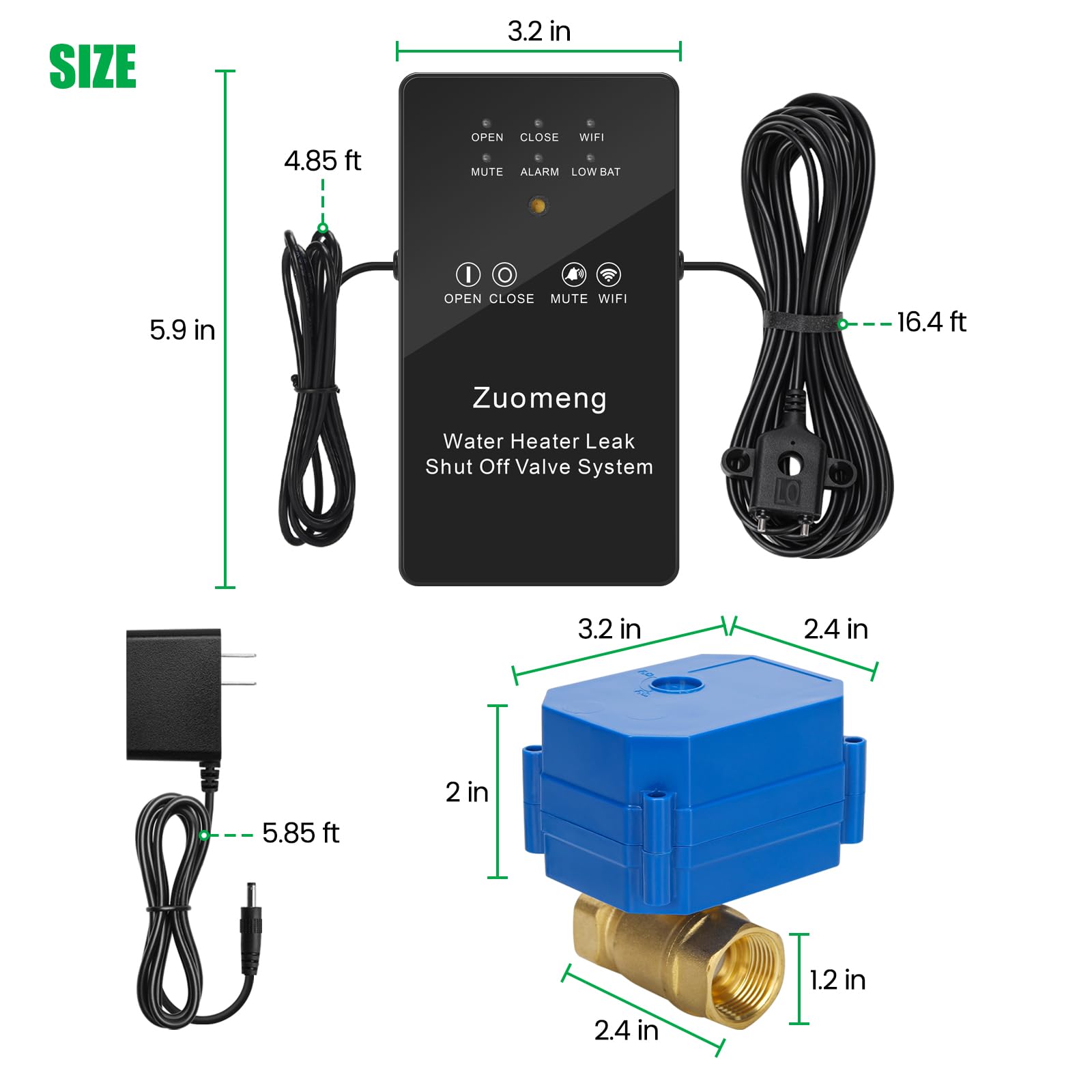 Zuomeng Smart WiFi Water Leak Detector with Automatic Shutoff Valve - 3/4