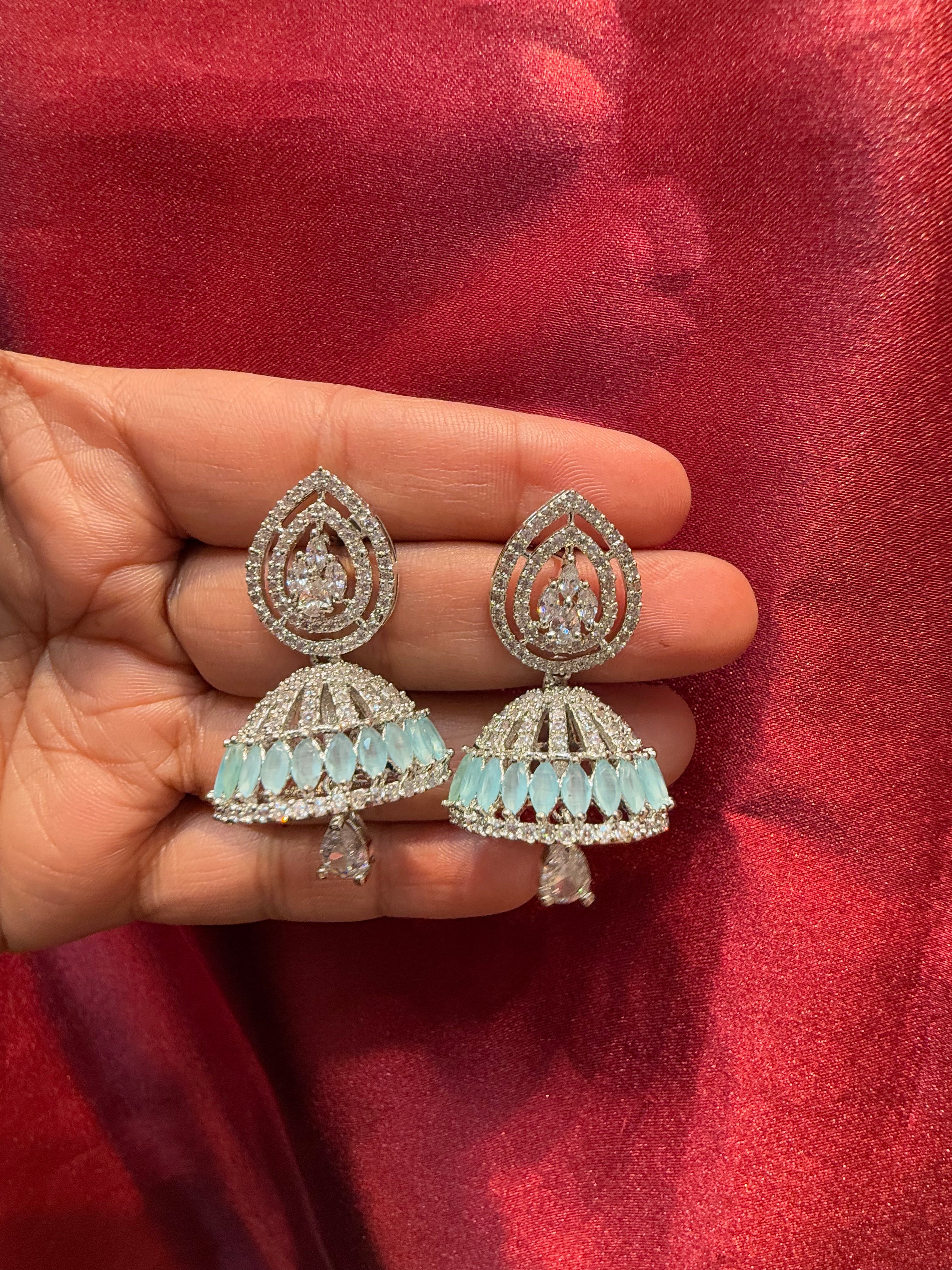 Elegant American Diamond Jhumka Earrings with Light Blue & White Stone Beads | Perfect for Weddings, Parties & Festive Occasions
