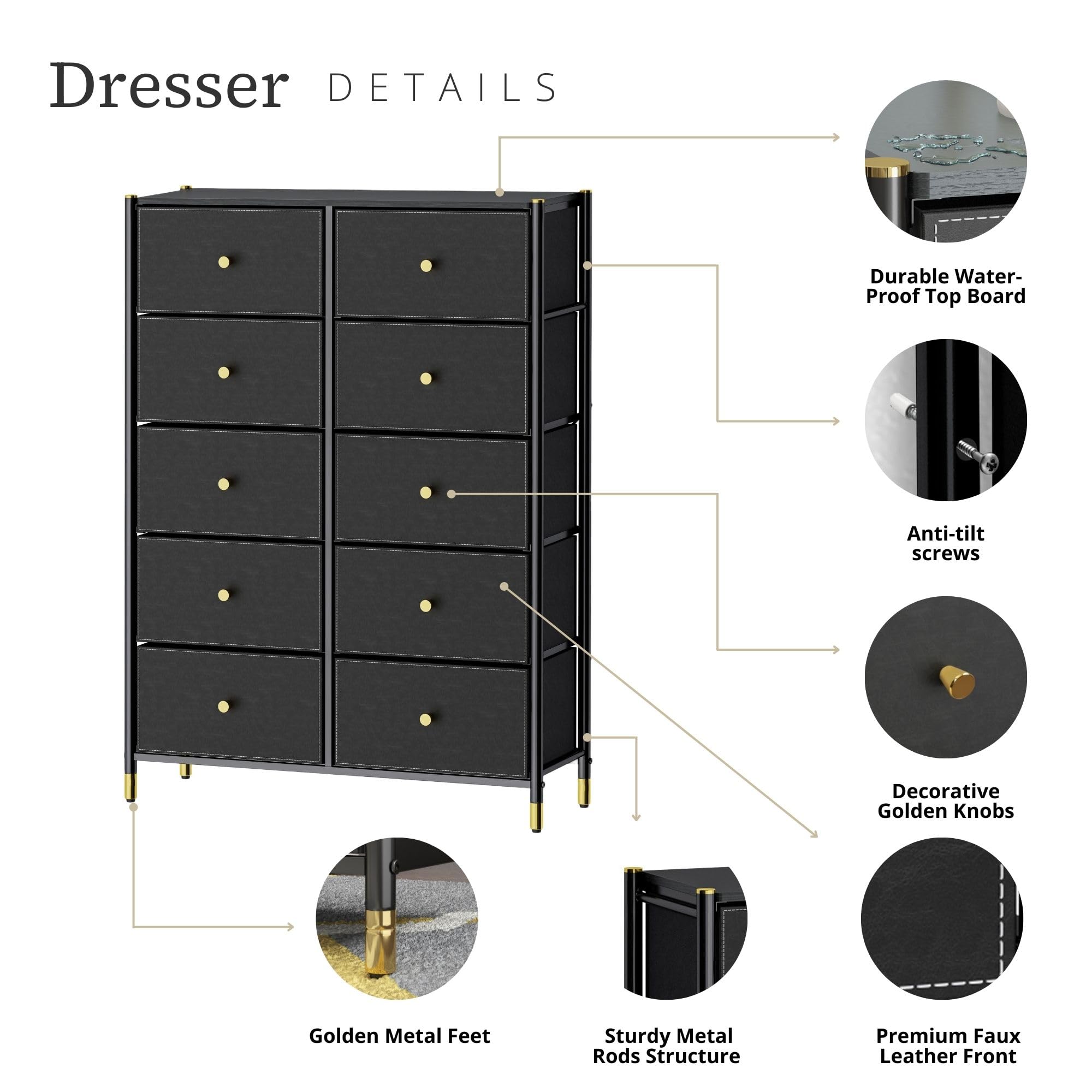 Black & Gold Dresser for Bedroom - 6 Drawer Chest of Drawers, Kids Dresser & Nursery Storage Furniture - Perfect for Baby Room, Child's Bedroom & Home Organization