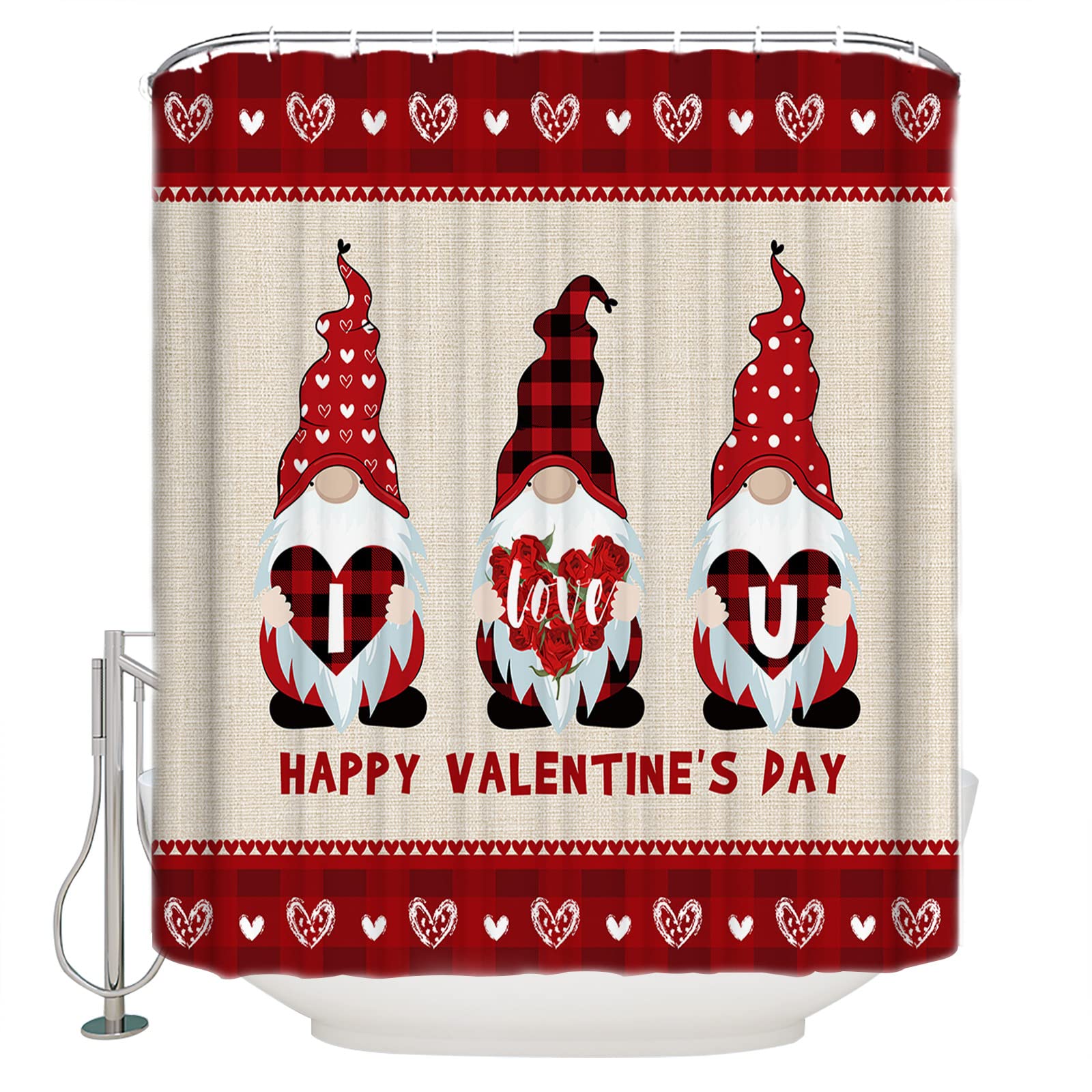 Valentine's Day Gnome Shower Curtain - Waterproof Polyester Bathroom Decor with Hooks, 54x78 Inches - Perfect for Farmhouse, Cottage & Romantic Bathroom Themes