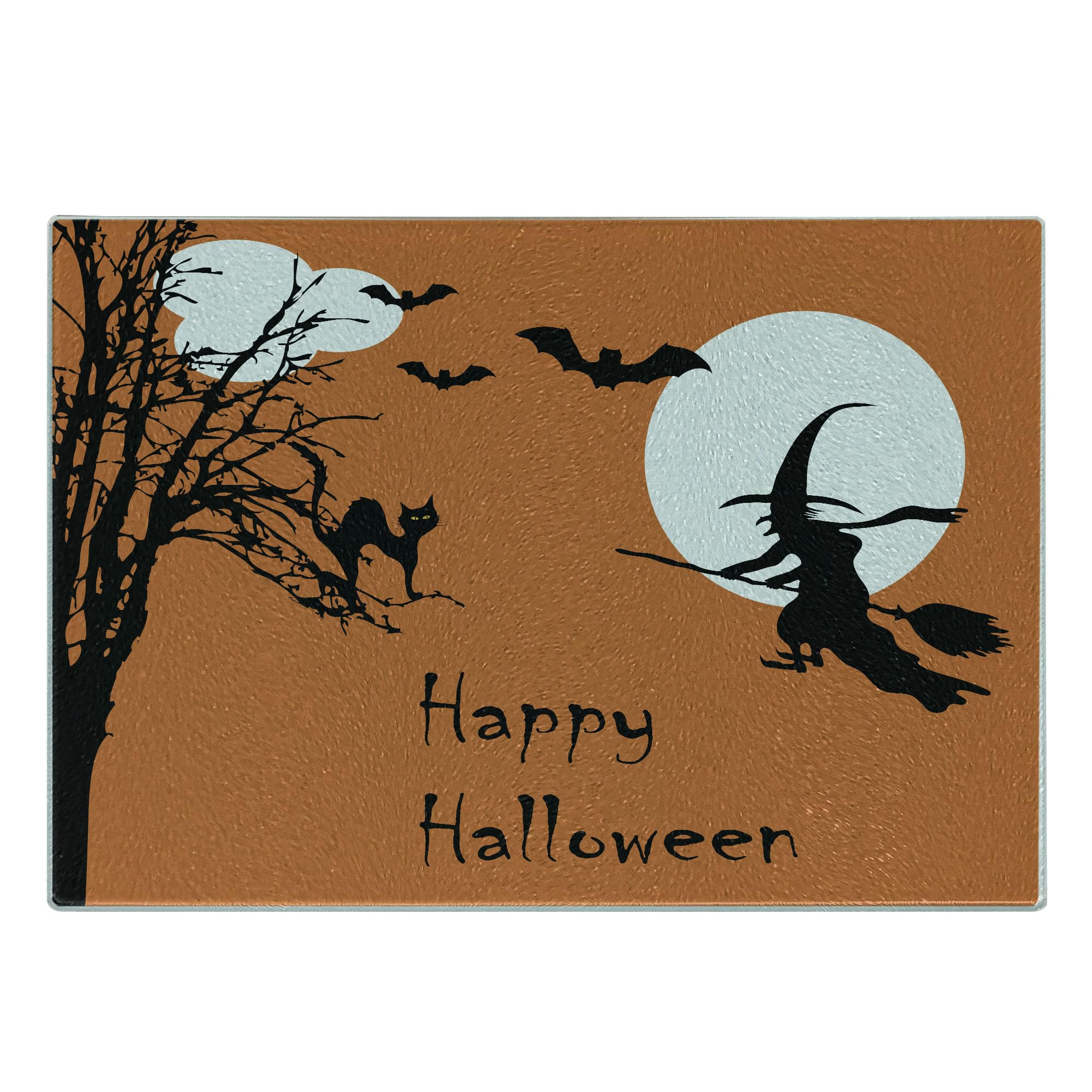 Lunarable Halloween Witch Cutting Board - Flying Witch, Full Moon, Bat Silhouette Design - Tempered Glass Serving Board for Kitchen & Party Decor - Small Size Orange Black White - Perfect for Halloween Parties, Kitchen Decor & Gift Giving