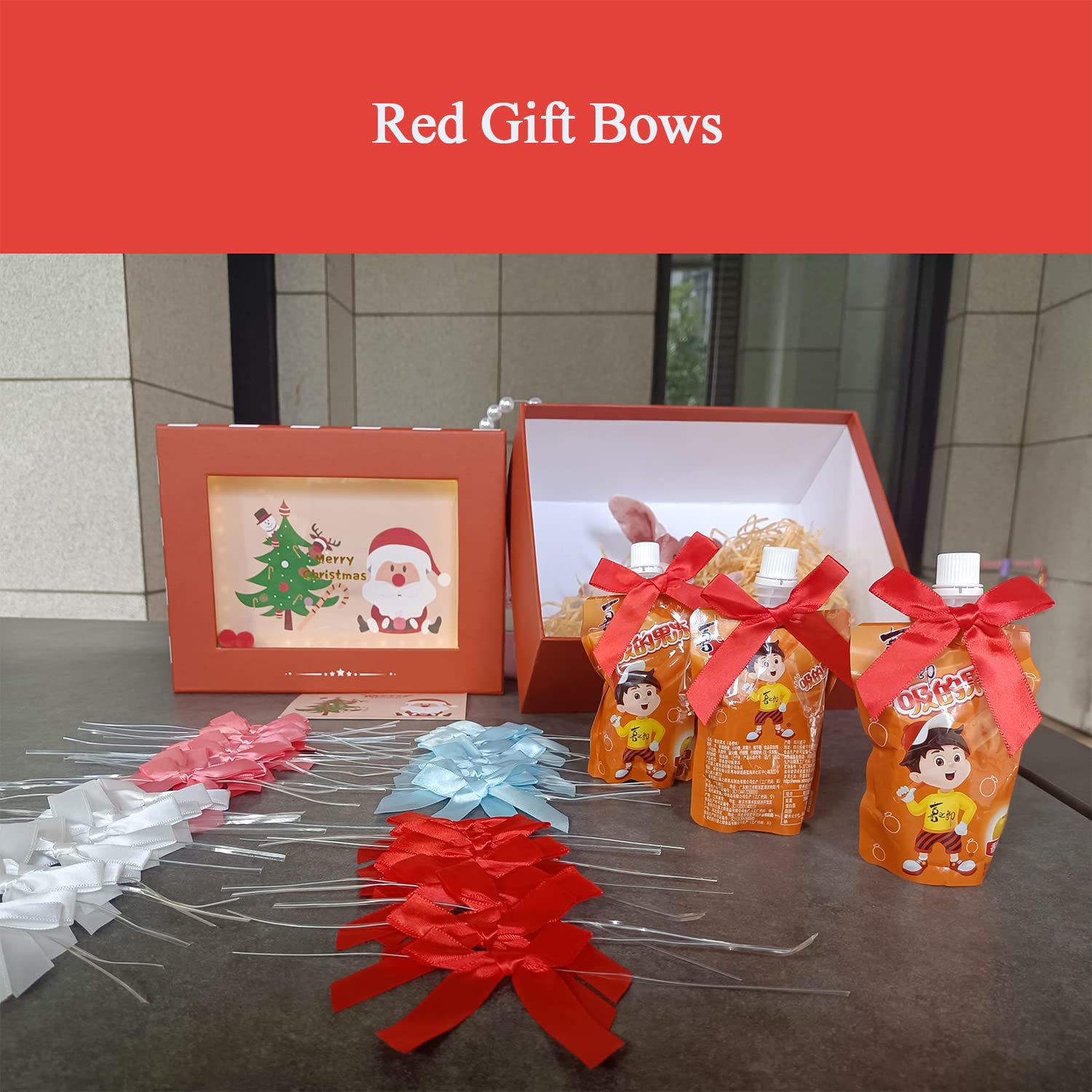 50 Pack Red Twist Tie Bows - Pre-Tied Christmas Satin Bows for Treat Bags, Candy & Apple Packaging, DIY Decorations - Perfect for Holiday Gifts, Party Favors & Home Decor
